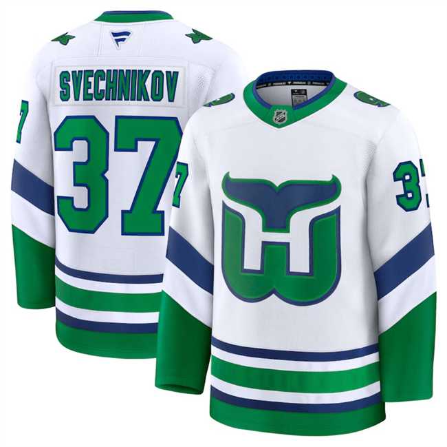Men%27s Carolina Hurricanes #37 Andrei Svechnikov White 2024-25 Throwback Stitched Hockey Jersey Dzhi